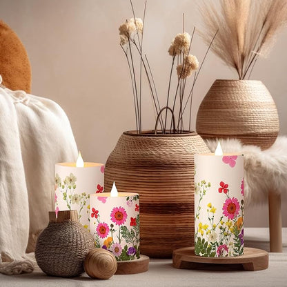 Baquler 3 Pcs Floral Wildflower Pillar Candles Flameless LED Candle Battery Operated Pressed Flower Flickering Candlestick for Wedding Summer Home Table Centerpiece Nature Inspired Party Decoration