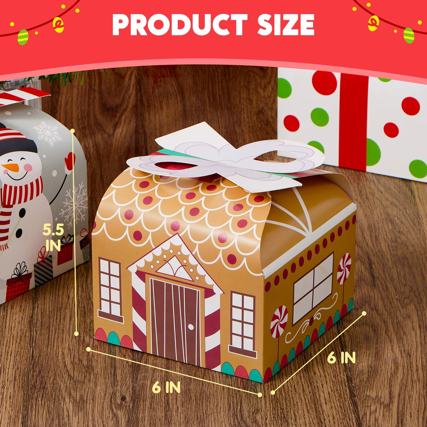 JOYIN 24 PCS 3D Christmas Goody Gift Boxes with Bow for Holiday Xmas Goodie Paper Boxes, School Classroom Party Favor Supply, 6” x 6” x 5.5” 8 Designs Candy Treat Cardboard Cookie Box for Gift Giving