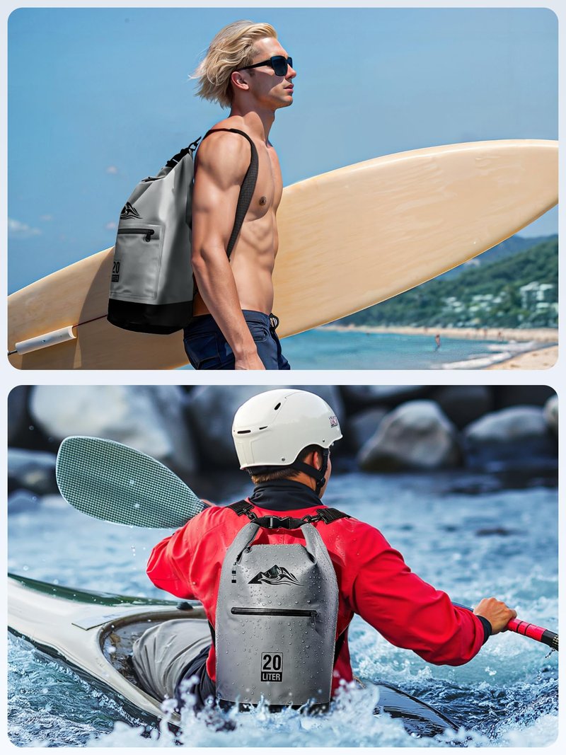 HEETA Waterproof Dry Bag with Front Zippered Pocket for Women Men, Roll Top Lightweight Dry Storage Bag Backpack for Travel, Kayaking, Boating, Rafting, Camping, Hiking & Beach (Grey, 5L)