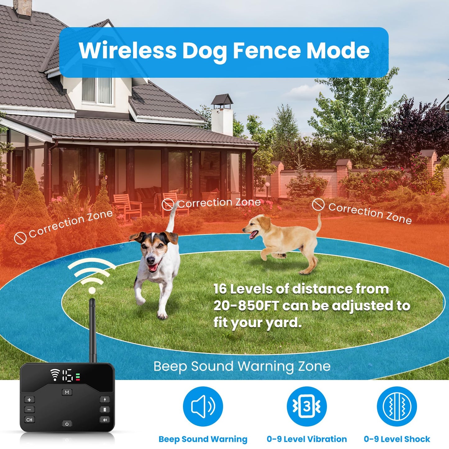 Wireless Dog Fence, 2-in-1 Electric Pet Containment System & Remote Training Collar, Rechargeable & Waterproof Shock Collar for Small Medium Large Dogs, Adjustable Range Up to 800ft