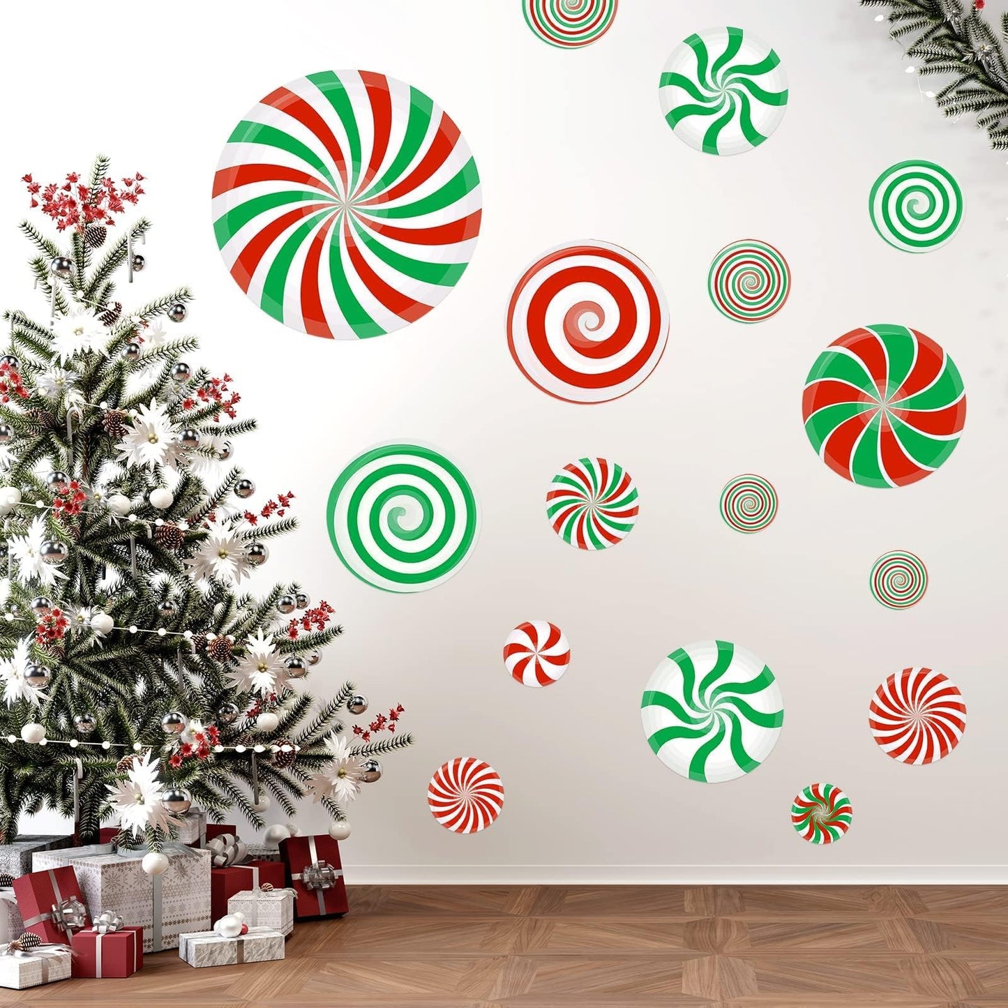 77 PCS Christmas Candy Wall Decals Decorations Christmas Wall Stickers Peppermint Candy Floor Decals for Xmas Candyland Party Decorations