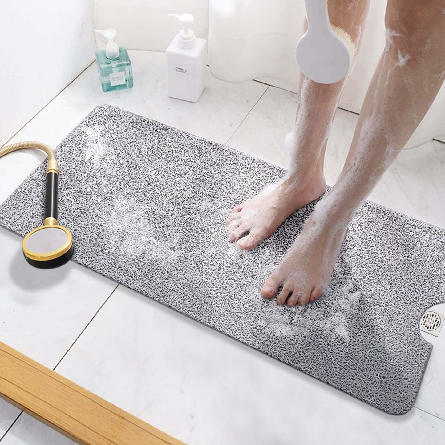 HITSLAM Non Slip Bathtub Mat 40 x 16 Inch, Extra Long Bath Mat for Tub, Soft PVC Loofah Shower Floor Mat with Drain, Quick Drying Bathroom Tub Mat for Wet Area, Without Suction Cup, Grey