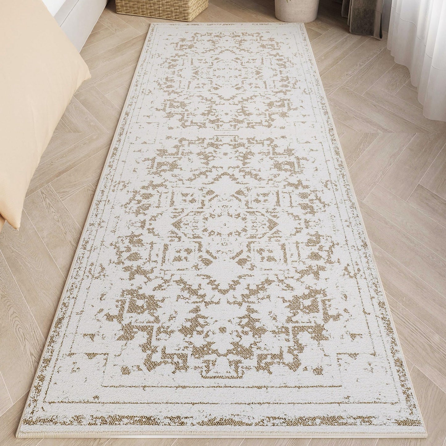 MATKIK Vintage Runner Rug Non Slip for Hallway Bathroom Kitchen 2x6 ft, Ultra Soft Boho Carpet Runner with Low Pile Design Machine Washable Runner Rugs for Entryway Laundry Living Room (Khaki, 2'x6')
