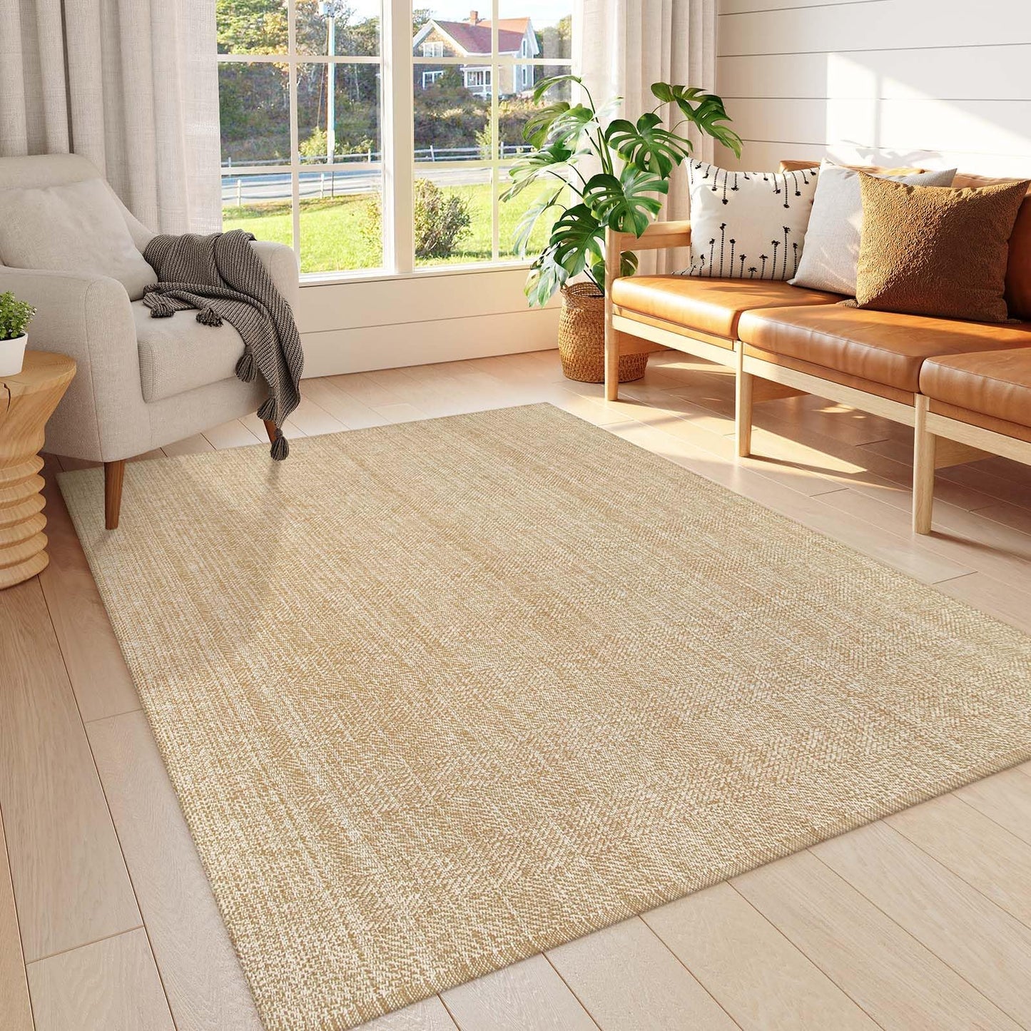 LEEVAN Boho Living Room Rugs 5X8 ft, Washable Area Rug Woven Cotton Modern Bedroom Rugs, Farmhouse Tan Braided Floor Carpet Rug for Dining Room Nursery Room Home Decor