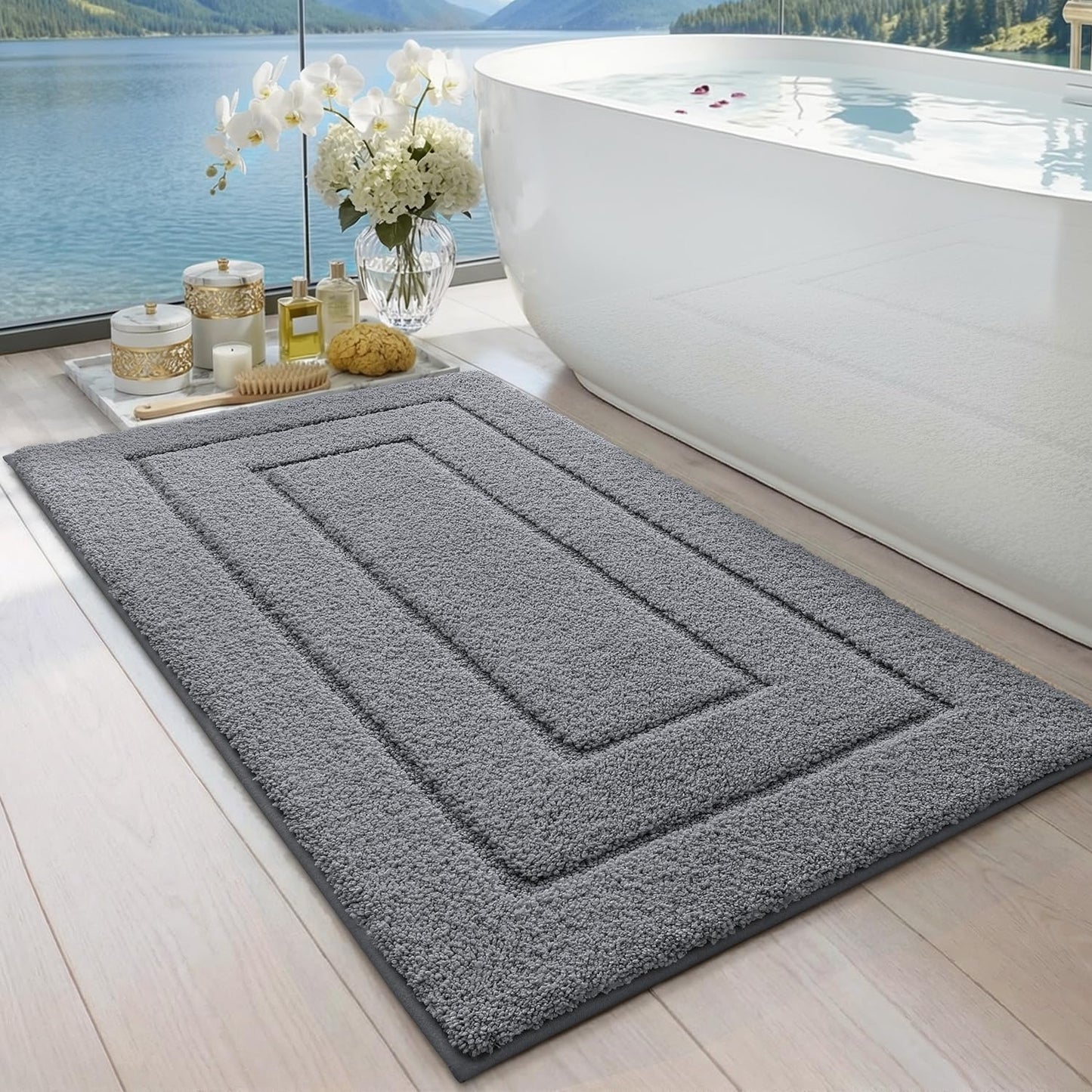 DEXI Bathroom Rug 43x24, Non Slip Washable Bath Mat for Shower Floor, Extra Large Absorbent Soft Bathmat with Rubber Backing, Quick Dry Microfiber Carpet, Grey