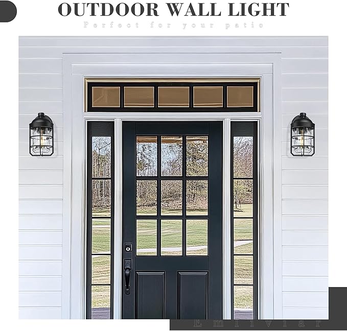 Emliviar Cylinder Outdoor Wall Lights Set of 2, 11" Black Outside Lamps Wall Mount for Porch, Garage, Front Door, E26 Socket with Water Ripple Glass, GE255BL-2PK BK-WG