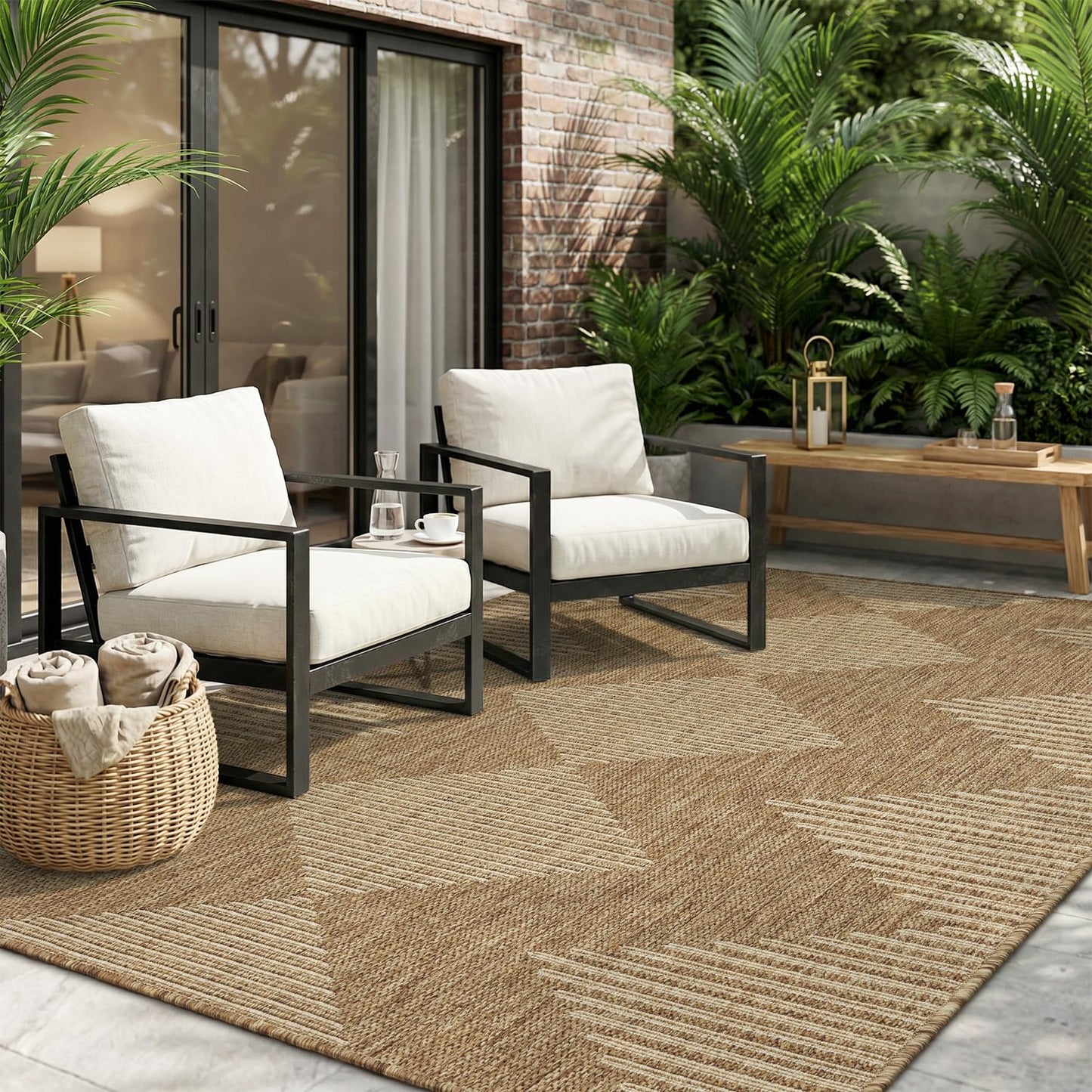 MontVoo-Outdoor Rug Carpet Patio Rug 5x7 ft Polypropylene Indoor Outdoor Rugs for Patio Deck Balcony Porch, Textured Weave, Durable for High Traffic, Fade-Resistant, Boho Geometric Neutral Brown