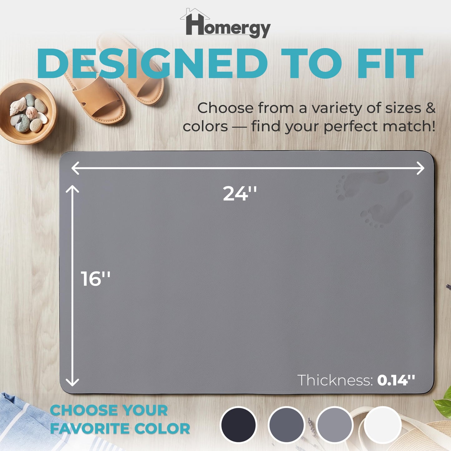 Homergy Bath Mat – Super-Absorbent & Quick-Dry Poolside Mat & Outdoor Shower Mat with Non-Slip Rubber Backing, Machine Washable & Odor Resistant – 16×24 in, Gray