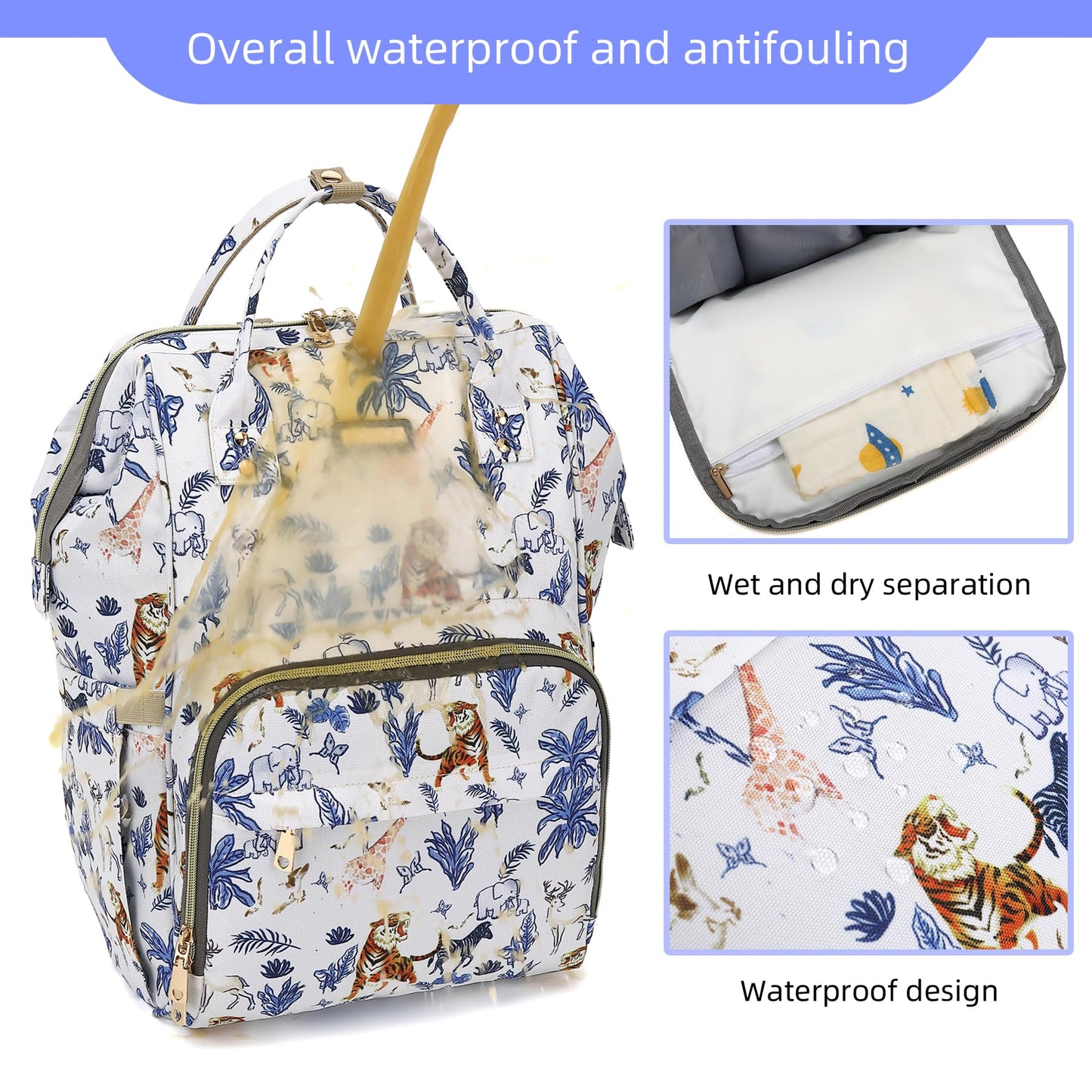 Diaper Bag Backpack, Diaper Bags for Baby Girls Boys, Baby Bags for Moms Dads, Nappy Changing Bag with Insulated Pockets,Multi-functional Waterproof Backpack with Stroller straps-Animal World White