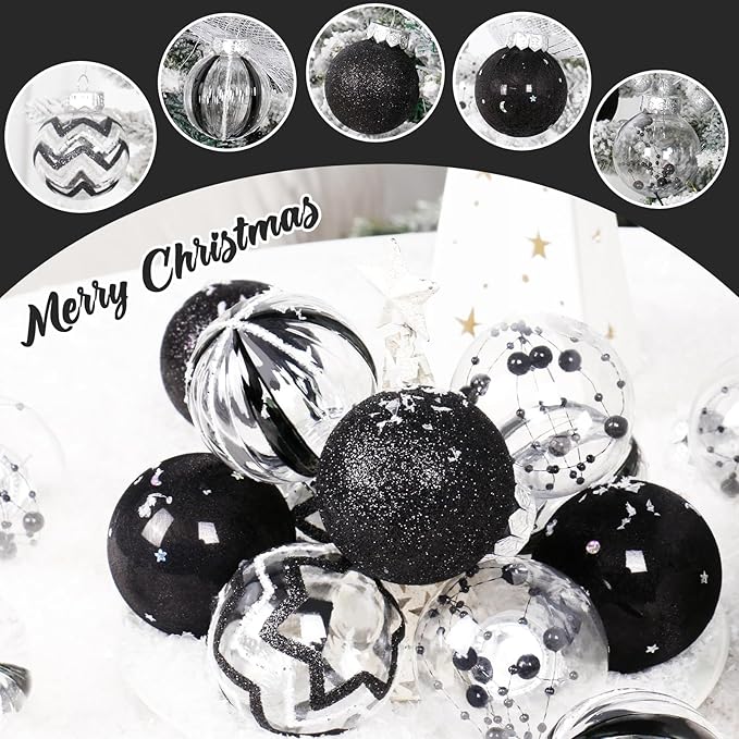SY Super Bang 30PCS Black Christmas Ornaments Set, 60MM/2.36" Clear Plastic Shatterproof Ball Ornaments for Christmas Tree Hanging Decorations, for Home Holiday Party Xmas Decor.