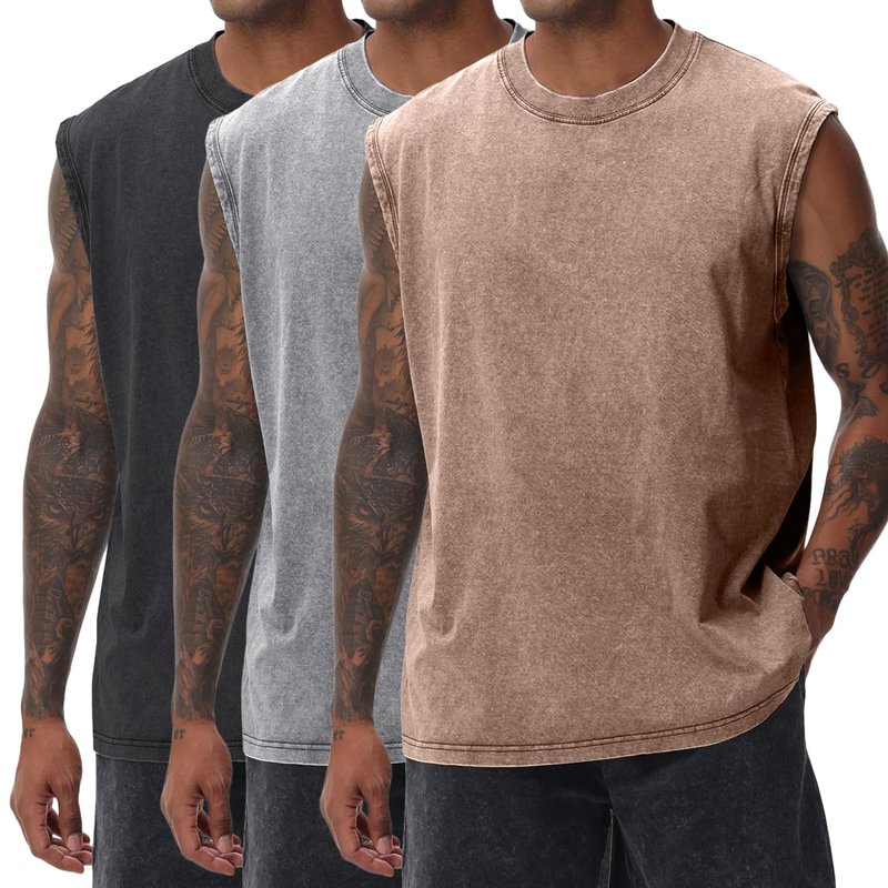 Yimoon Mens Tank Tops Workout Sleeveless Shirts Cotton Acid Wash Tees Loose Gym Muscle Shirts(BlackGreyKhaki-XL)