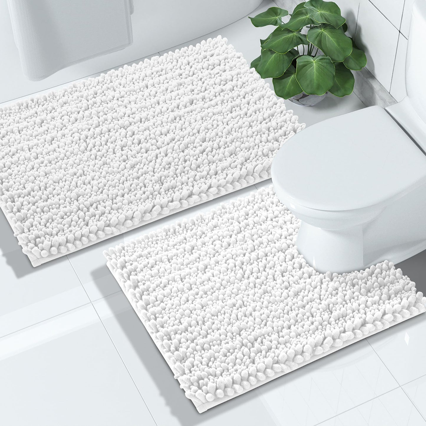Yimobra Bathroom Rugs Sets 2 Piece - Quick Dry Extra Thick Luxury Chenille Bath Mat, Non Slip Super Absorbent for Tub Shower Sink, Machine Washable Shaggy Floor Mat, 32"x20"+24"x20" Inch, White