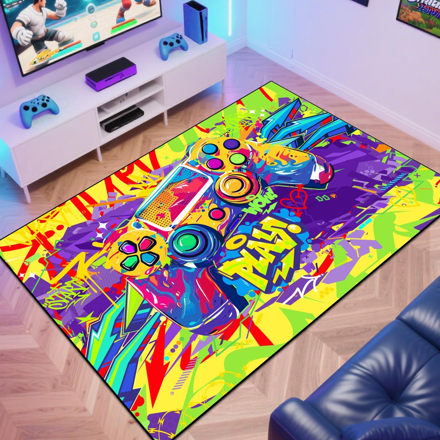 Gaming Area Rug Teen Boys Carpet, Colorful Graffiti Gamepad Graffiti Background Game Controller Design for Game Room, Boys Girls Bedroom Playroom, Living Room (Graffiti, 79" x 59")
