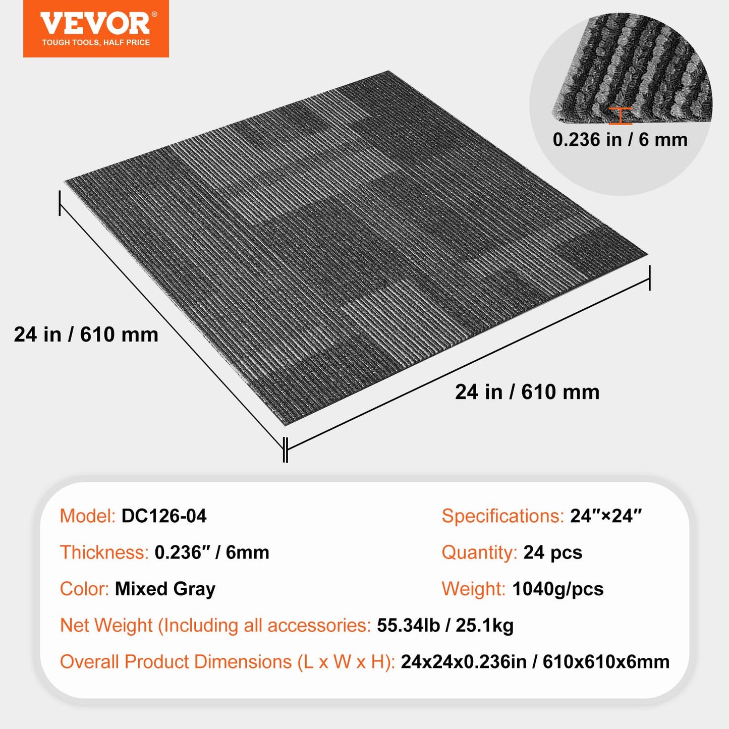 VEVOR Carpet Tiles Reusable, 24 PCS, 24"x 24", Squares Soft Padded Carpet, Carpet Floor Tiles Easy DIY for Bedroom Living Room Indoor Outdoor (Mixed Gray, 96 sqft/Box)
