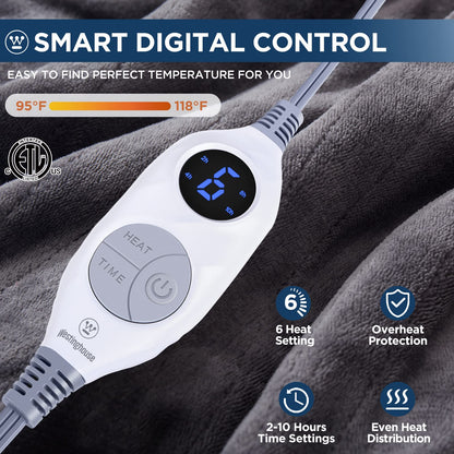 Westinghouse Electric Blanket Heated Throw, Super Cozy Soft Flannel 50"" x 60"" Heated Throw with 6 Fast Heating Levels & 2-10 Auto-Off, Machine Washable, ETL&FCC Certification, Navy Blue