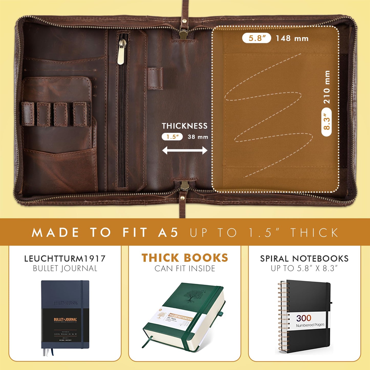 ELIZO Leather A5 Portfolio Padfolio Folio A5 Notebook Journal Cover Planner Binder Small Mens Business Work Folder Organizer (Buff)