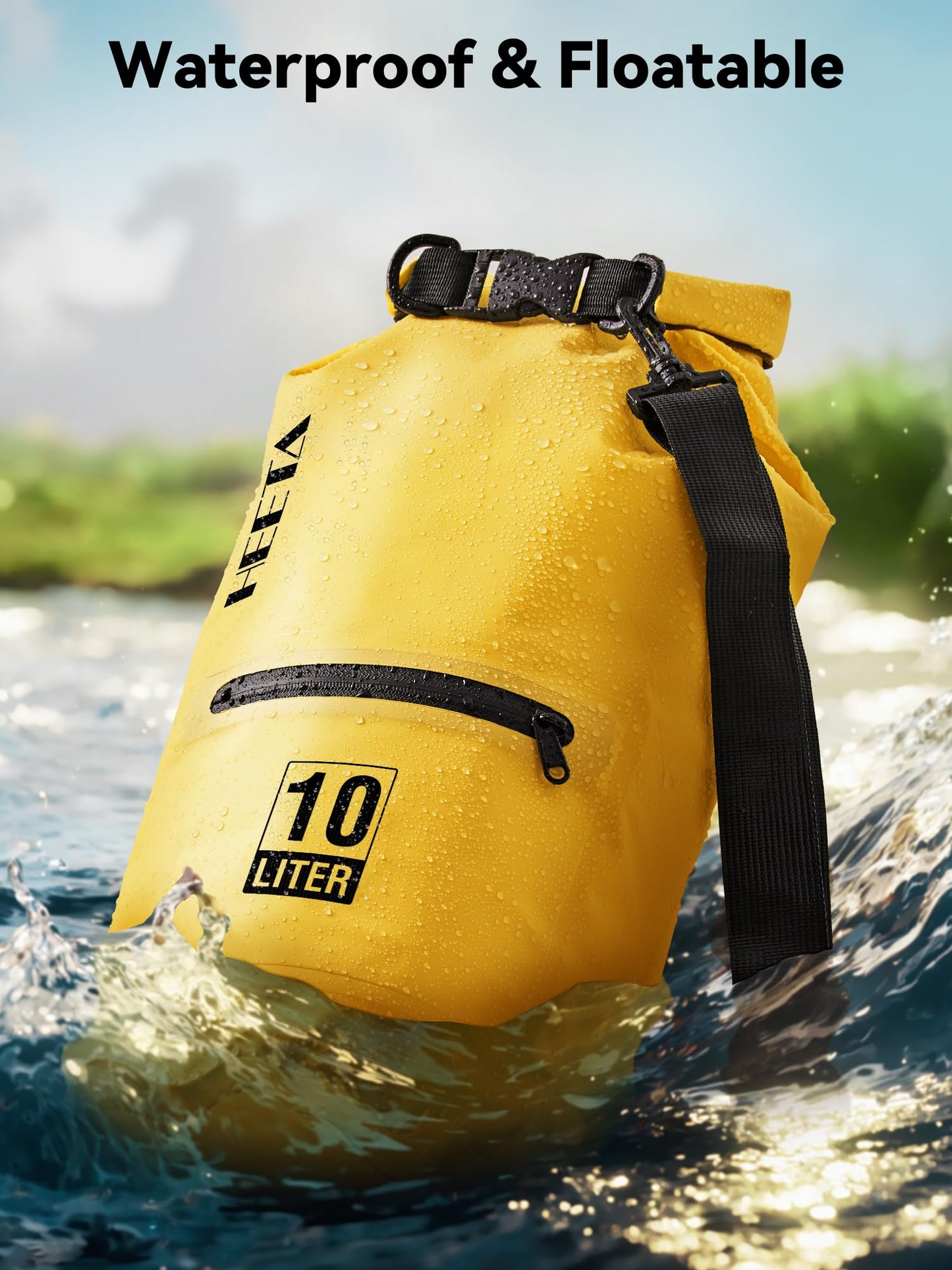 HEETA Waterproof Dry Bag with Front Zippered Pocket for Women Men, Roll Top Lightweight Dry Storage Bag Backpack for Travel, Kayaking, Boating, Rafting, Camping, Hiking & Beach (Yellow, 5L)