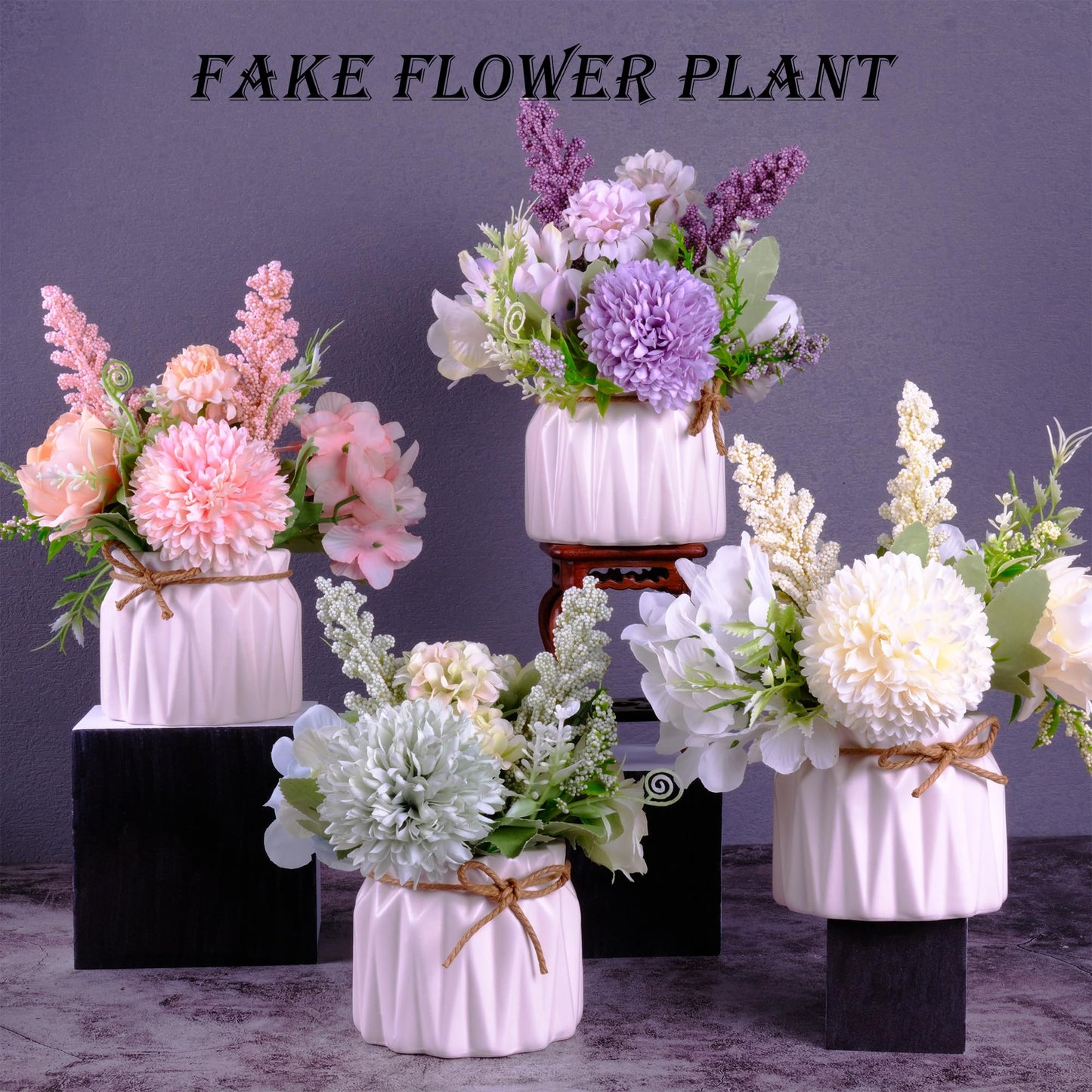 Artificial Potted Flowers White, Small Ceramic Vase Fake Flower Plants Desktop Decoration Indoor for Home and Office, Faux Flowers Hydrangea Decora for Table,Bookshelf,Bedroom,Living Room.(White)