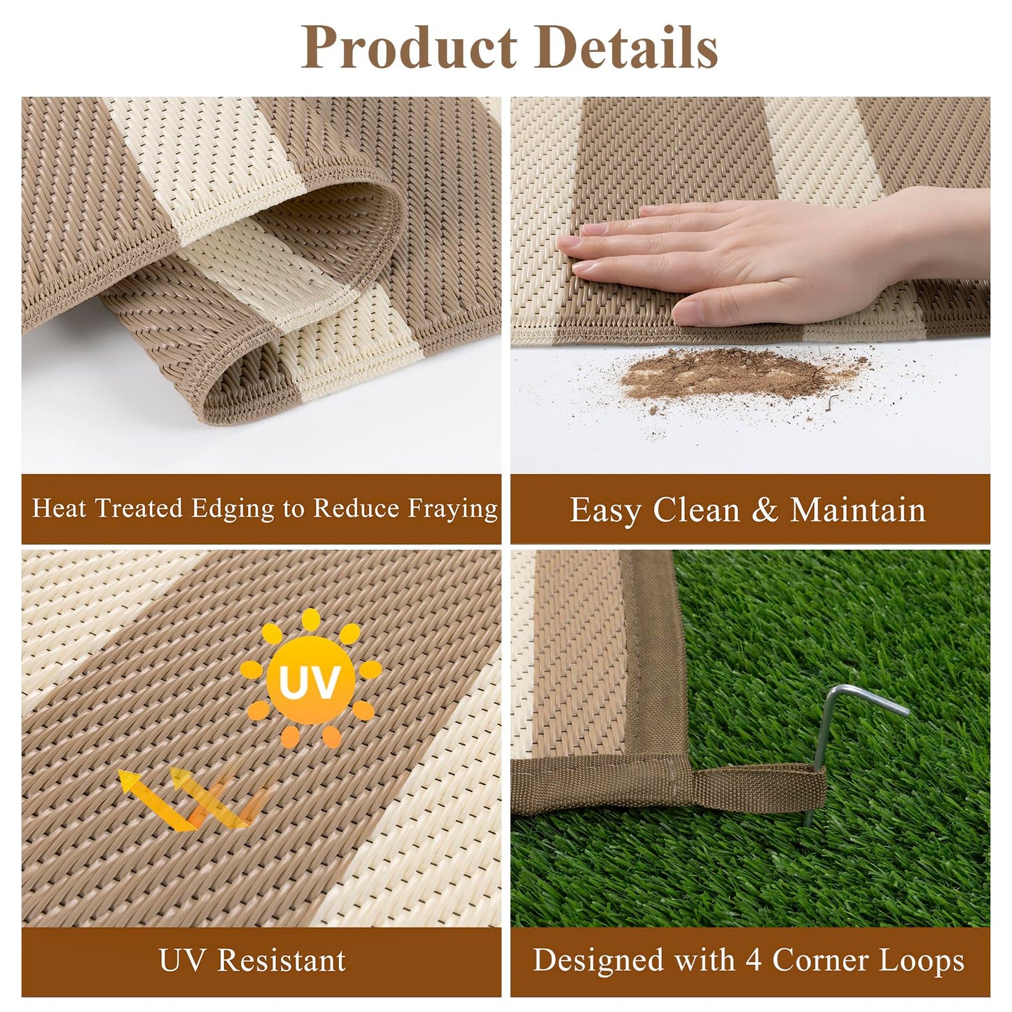 Vaukki Waterproof Outdoor Rug 5x8, Reversible Striped Patio Rug, Lightweight Plastic Straw Camping Mat, Indoor Outdoor RV Carpet for Outsides, Patio, Camping, Balcony, RV and Deck, Brown and Beige
