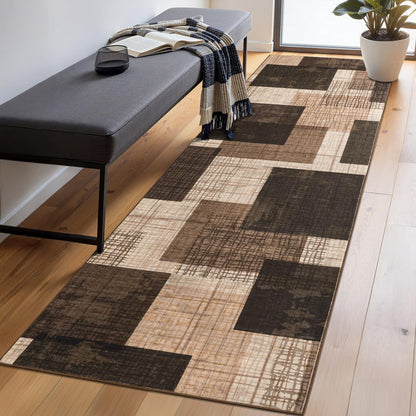 Ailyei Washable 2x8 Runner Rug for Hallway Kitchen Bedroom, Modern Geometric Patchwork Grid Print Non Slip Carpet, Soft Stain Resistant Long Runner with Rubber Backing, Chocolate