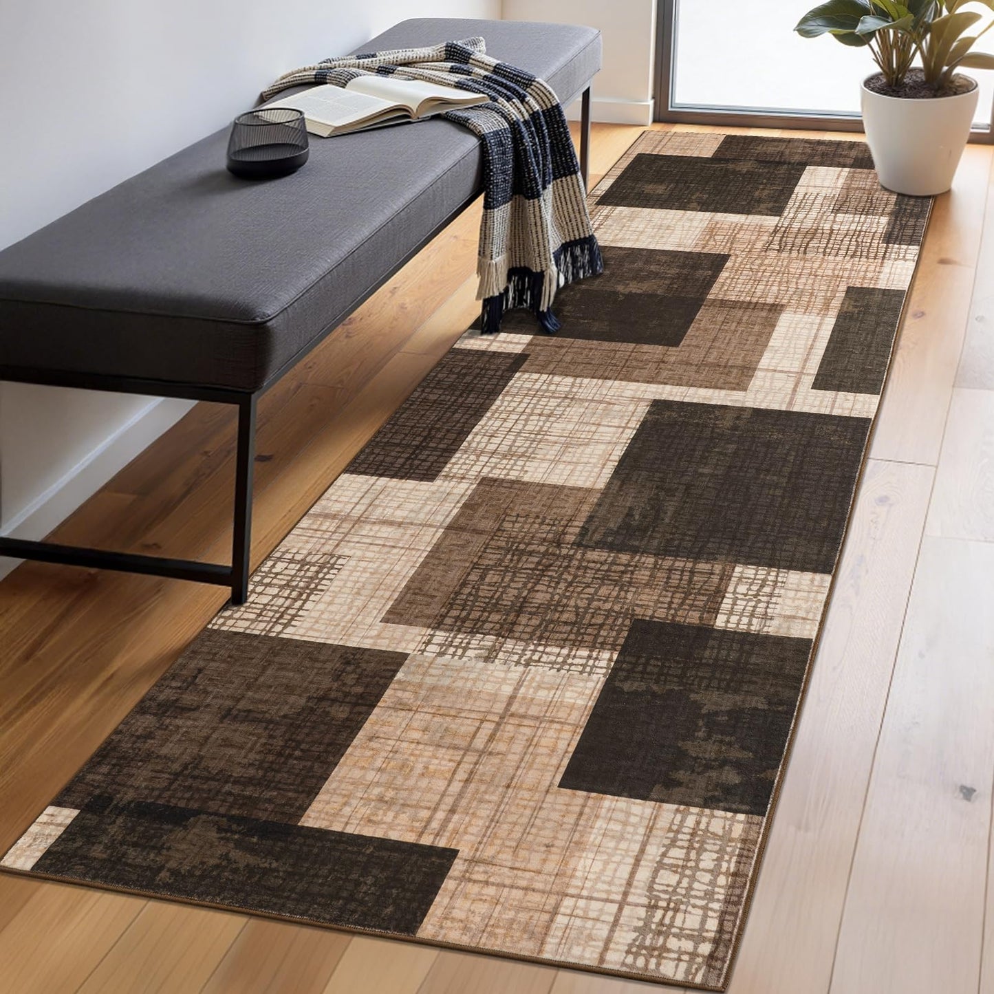Ailyei Washable 2x6 Runner Rug for Hallway Kitchen Bedroom, Modern Geometric Patchwork Grid Print Non Slip Carpet, Soft Stain Resistant Long Runner with Rubber Backing, Chocolate