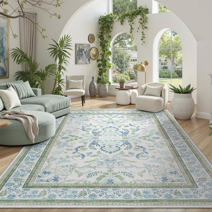 DCX Green 9x12 Rug, Kid & Pet Friendly with Rubber Back Non Slip, Machine Washable Stain Resistant Botanical Floral Rug for Living Room, Bedroom, Soft Low Pile Large Nursery Carpet