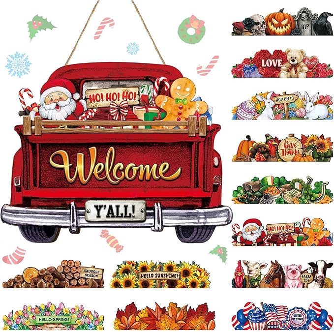Ferraycle Interchangeable Christmas Welcome Sign for Front Door Farmhouse Truck Decor Rustic Hanging Sign with 12 Interchangeable Seasonal Holiday Decor for Christmas Fall Thanksgiving(Fresh Color)
