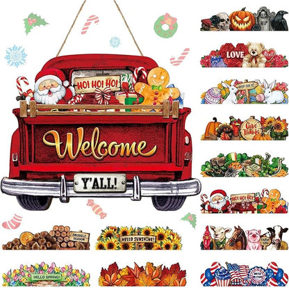 Ferraycle Interchangeable Christmas Welcome Sign for Front Door Farmhouse Truck Decor Rustic Hanging Sign with 12 Interchangeable Seasonal Holiday Decor for Christmas Fall Thanksgiving(Fresh Color)
