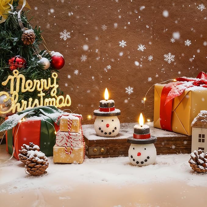 Homemory Christmas Candles Battery Operated with 6H Timer,Flickering Flameless Candles Real Wax Snowman, Christmas Gift, Winter Xmas Home Decor