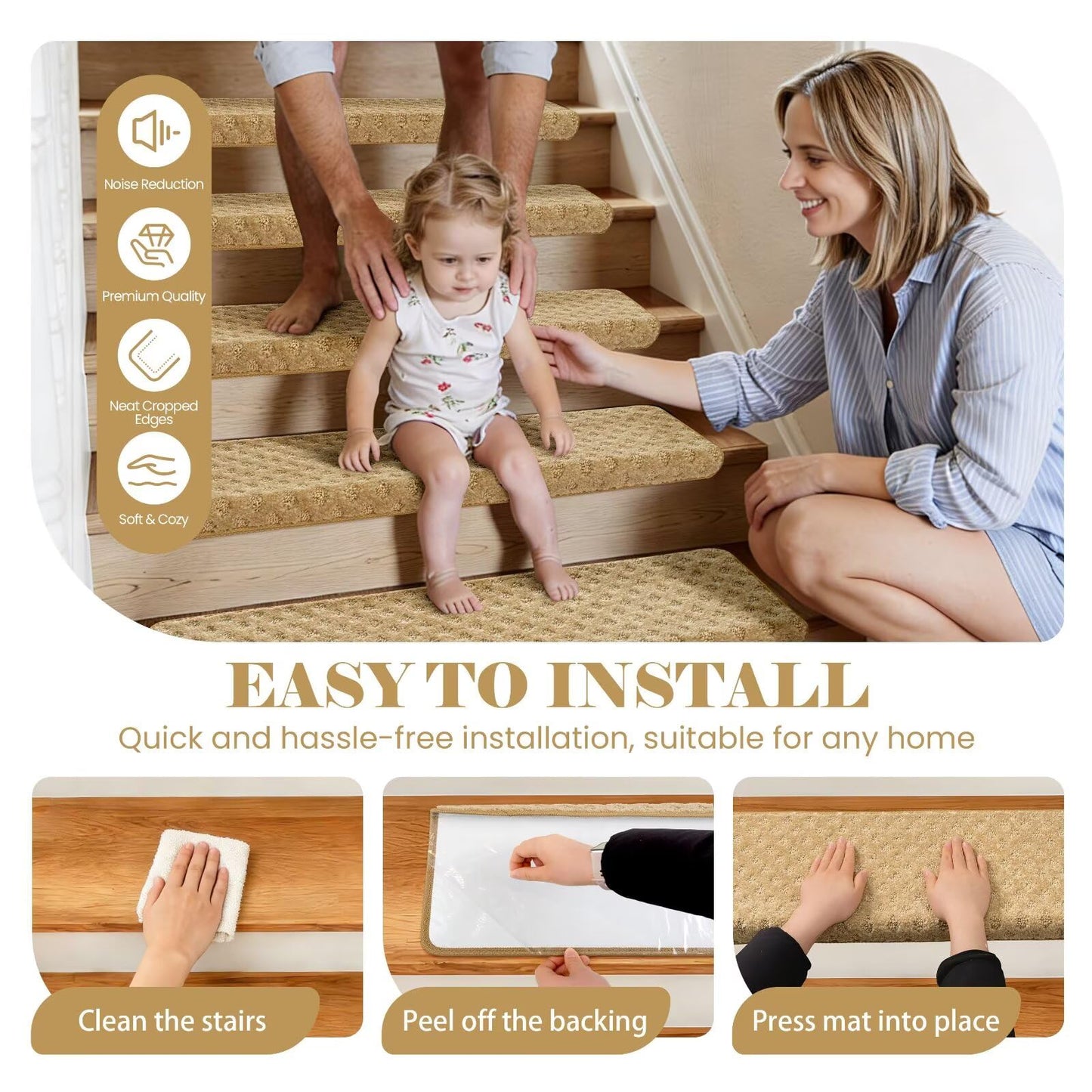 DEXDE Bullnose Carpet Stair Treads Non Slip for Wooden Steps Indoor, 30" x 9.5" x 1.7" (14 Pack) - Peel and Stick Stair Runner Rugs with Edge Protection, Washable & Reusable Pet Friendly Mats, Beige