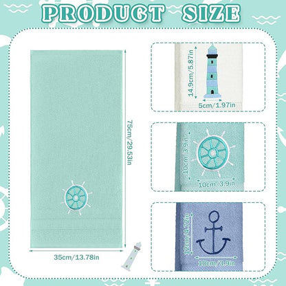 3 Pack Nautical Hand Towels for Bathroom 100% Cotton Embroidered Beach Bathroom