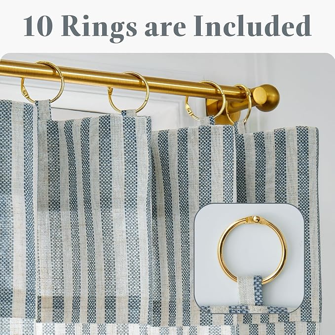 jinchan Striped Linen Kitchen Curtains with Attached Valance 24 Inch Length Cafe Tier Curtains for Living Room Rustic Half Window Light Filtering Rod Pocket Small Drapes 2 Panels Blue