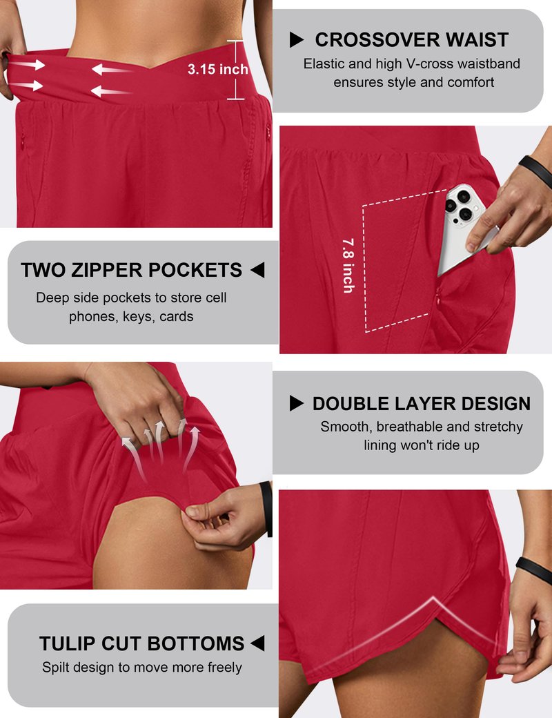 Blooming Jelly Women's Workout Shorts Athletic Running Casual Summer Quick Dry Gym Active Shorts with Zipper Pocket (Red,Large)