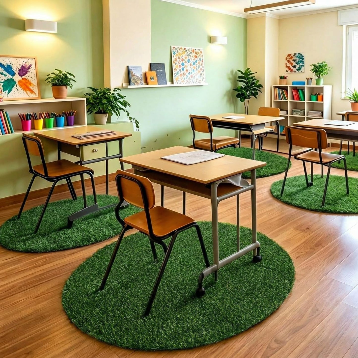 Dunzy 2 Pack Artificial Grass Mats for Class 39 Inch Round Classroom Rug Floor Cushions Soft First Day of School Educational Mat Non Slip Back to School Learning Playing Areas