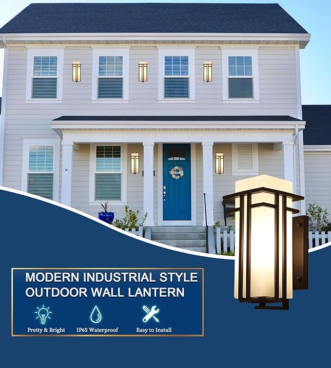 Outdoor Wall Light Fixtures, Exterior Waterproof Lanterns, Porch Sconces Wall Mounted Lighting with Modern Frosted Glass, Black Aluminum Wall Lamps for Patio Front Door Entryway, (Type_A 15.4''H)