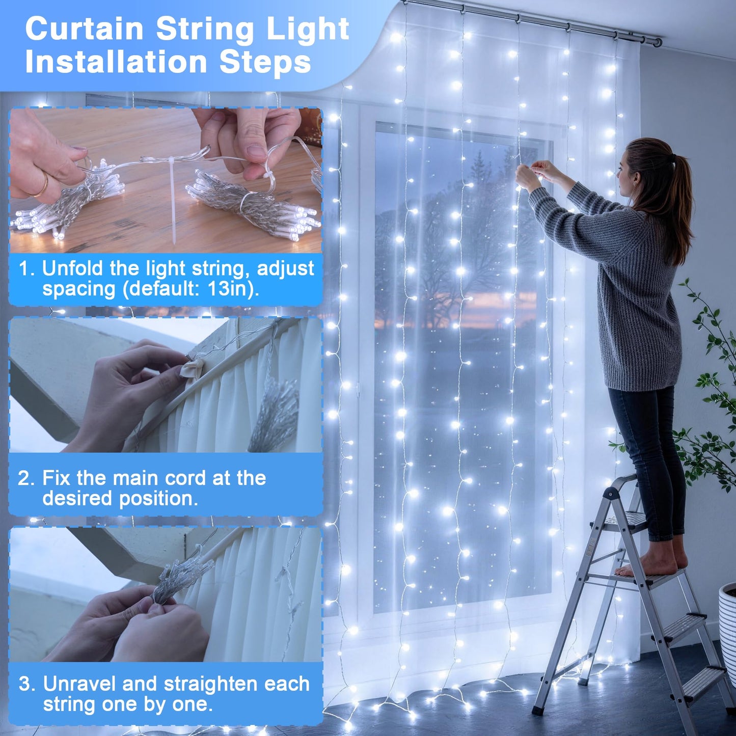 JMEXSUSS 300 LED 9.8x9.8Ft Curtain Lights Indoor with Remote, White Christmas Lights Plug in, 8 Modes White String Lights for Bedroom Wall Wedding Reception Dorm Party Backdrop Window Outdoor Decor