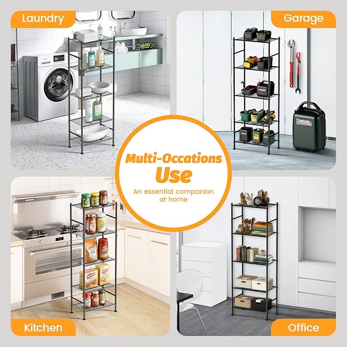 Abiglifty Storage Shelves, 5 Tier Metal Shelf Organizer, Garage Shelving with Adjustable Leveling Feet, Shelves Organizer for Bathroom, Closet, Garage, 18" x 12" x 57", Black