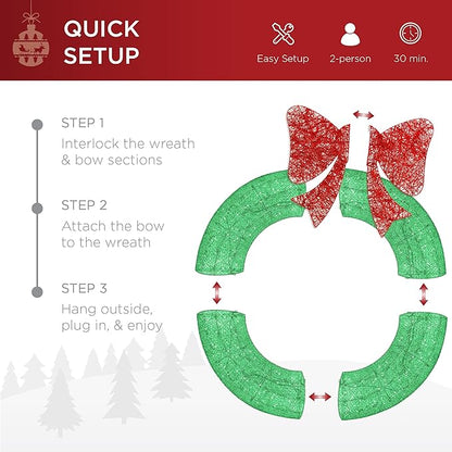 Best Choice Products 48in Pre-Lit Outdoor Christmas Wreath Decoration, LED Metal Holiday Decor for Home w/ 140 Lights, Bow - Green/Red