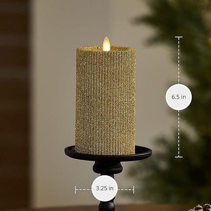 Luminara Rich Gold Glitter Ribbed Flameless LED Candle Moving Flame Pillar, Real Wax, Flat Top, Timer (3.25" x 6.5")