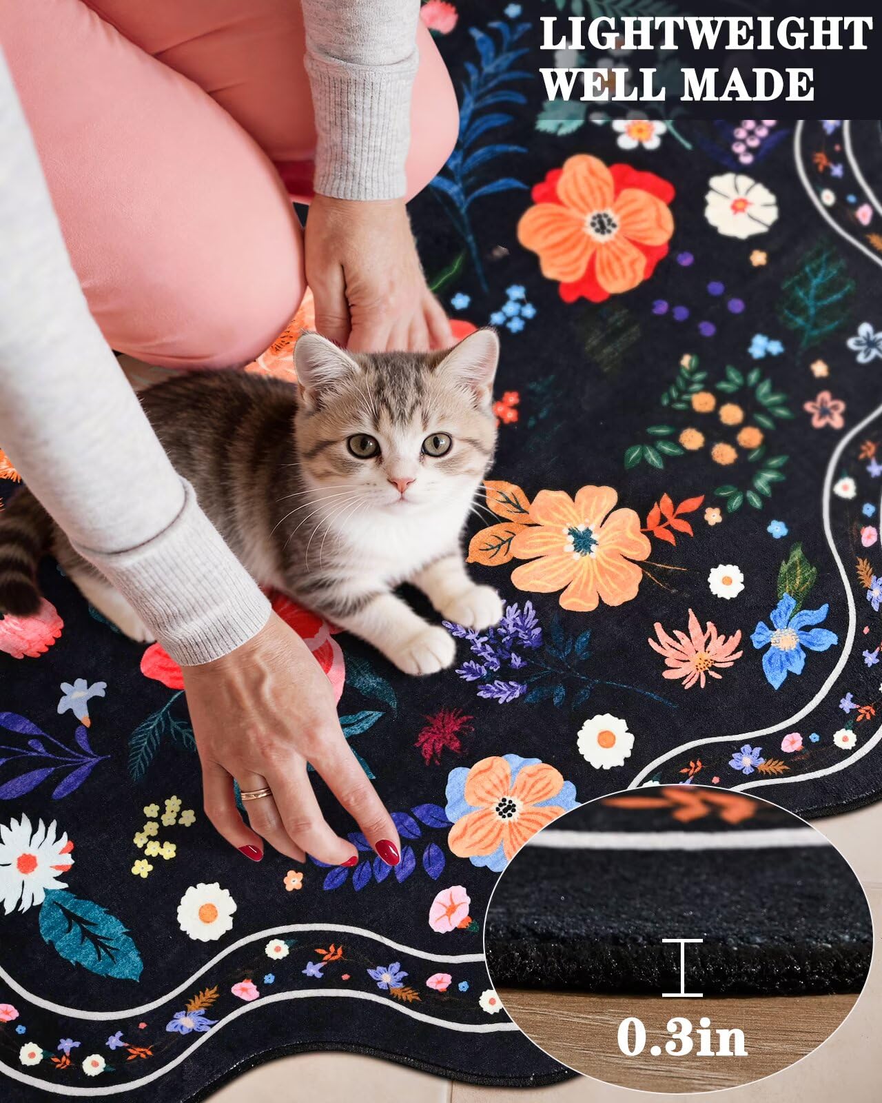 Macgace Black Round Rug for Girls Bedroom, 5ft Machine Washable Floral Area Rugs with Non Slip Backing, Cute Flower Carpet Kitchen Living Room Kids Playroom Decor