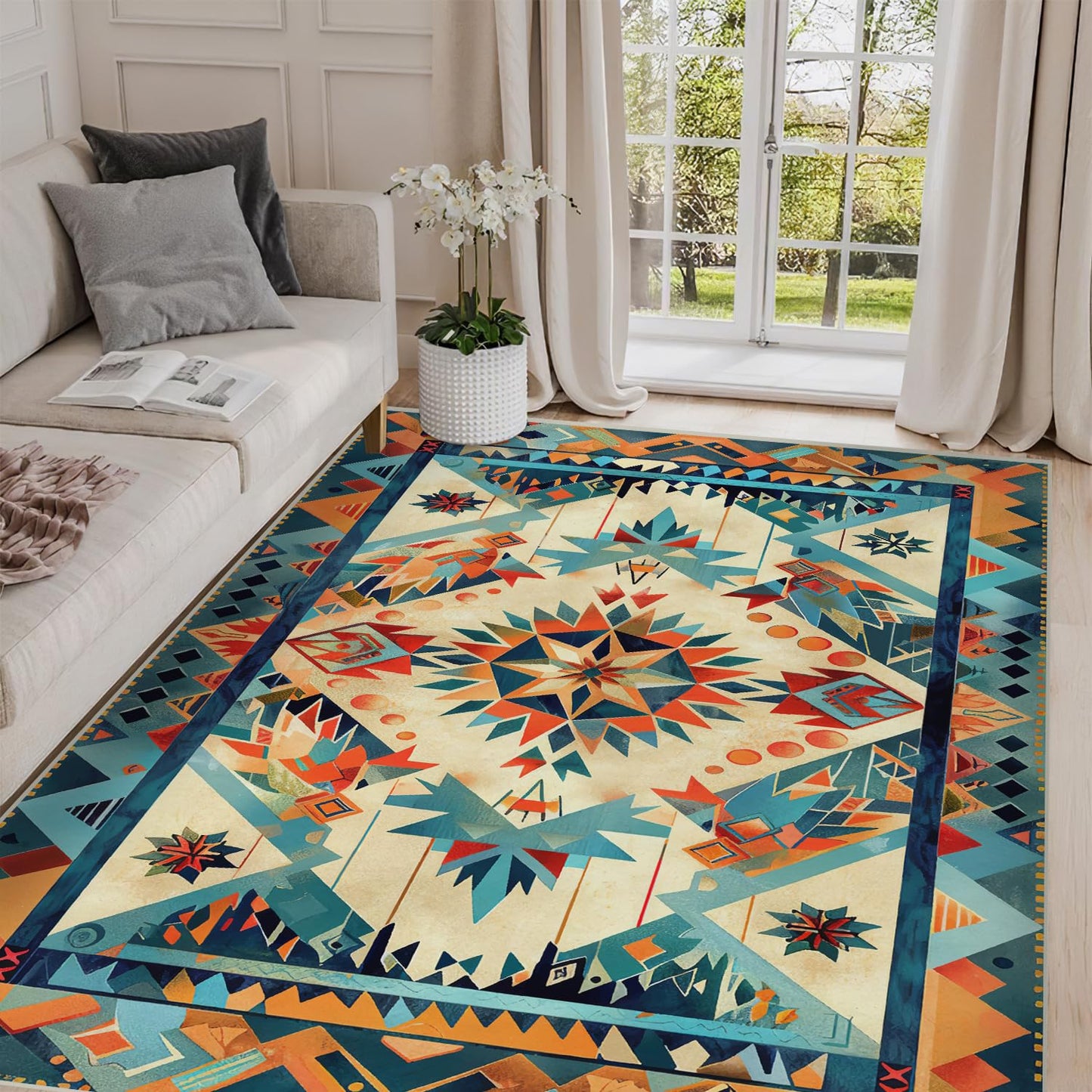 5x7 Aztec Rug Western Area Rug Southwestern Tribal Orange Blue Bedroom Ultra-Thin Soft Low Pile Large Carpet Living Room Non Slip Dining Room Stain Resistant Office Washable Machine