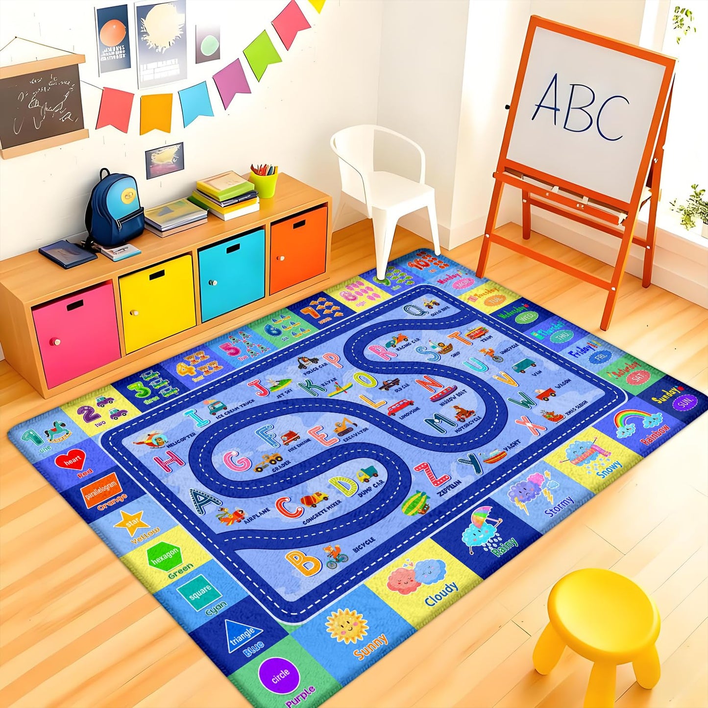 Kids Rug for Playroom, Educational Classroom Rug for Kids Room, Washable Nursery Rugs, Soft Non-Slip Play Mat for Learning ABC Carpet, Vehicles, Numbers, Animals, Colors, Shape, Season 4x6 Feet