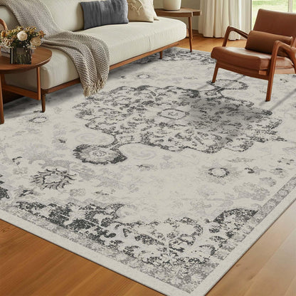 LOOMY Area Rug 8x10 Washable Rug Gray Vintage Traditional Mat Distressed Indoor Foldable Thin Retro Accent Floral Non Slip Carpet Living Room Dining Room Office