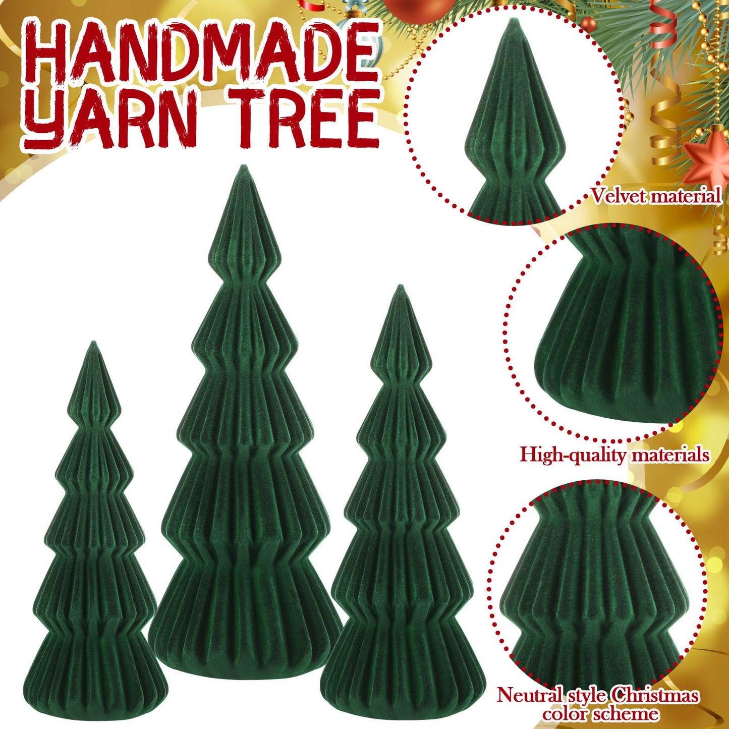 Relaxgiant Set of 3 Velvet Ceramic Christmas Trees Decoration Large Modern Velvet Cone Christmas Tree Figurine Decor Holiday Xmas Winter Indoor Home Tabletop Mantel Centerpiece(Dark Green)