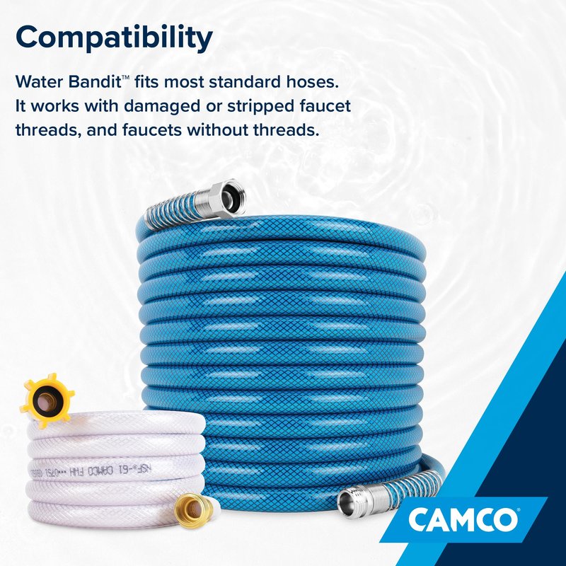 Camco Water Bandit - Features a Flexible Silicone Sleeve for 1" Faucets & Male Water Hose Connection that Fits 3/4-11.5NH Hose Threads - Works with Damaged Faucet Threads/Threadless Faucets (22484)