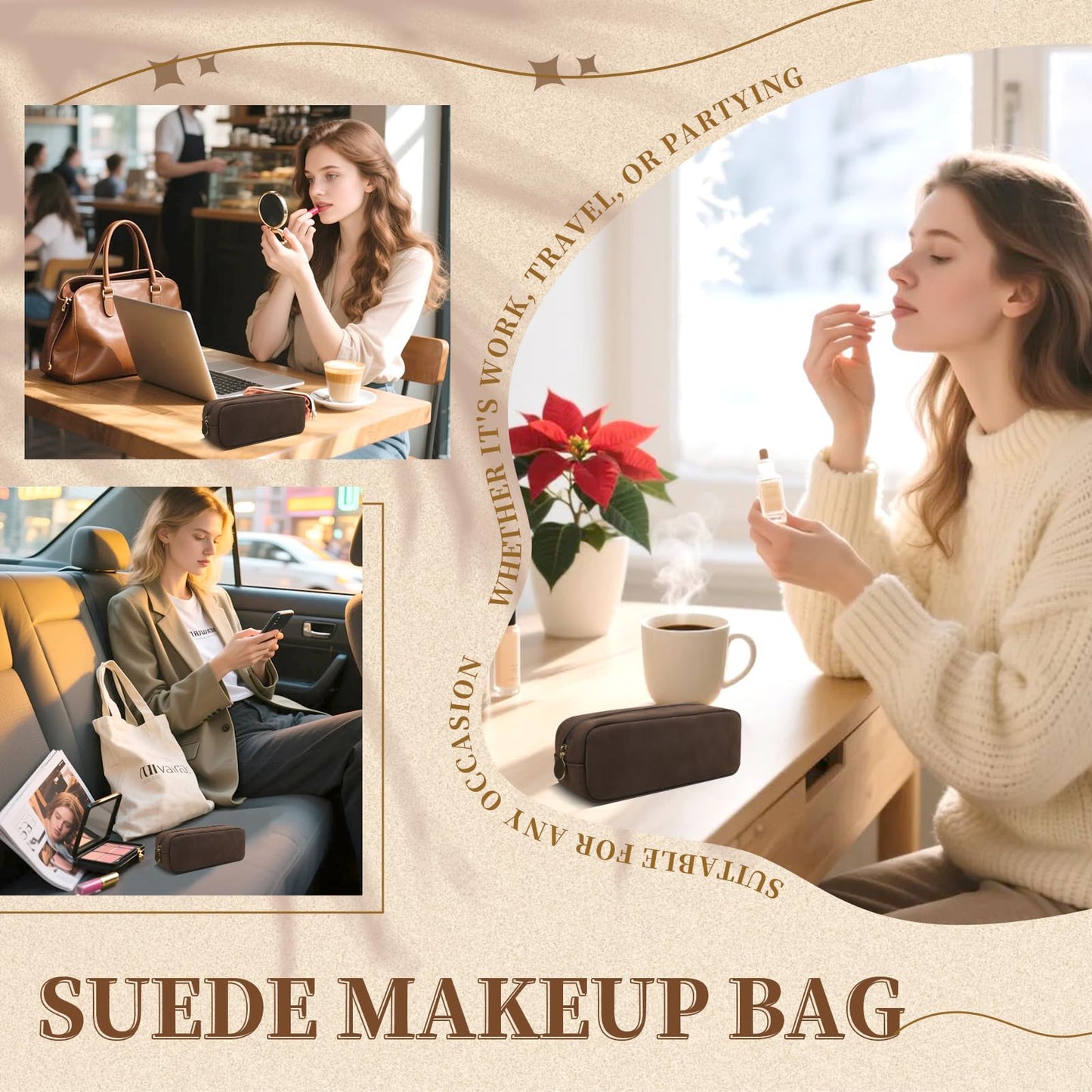UIXIZQ Waterproof Small Makeup Bag for Purse,Cute Pouch Preppy Suede Makeup Brush Holder with Zipper,Girls Teens Portable Storage Case Small Travel Toiletry Bag for Office(Slim-Coffee)