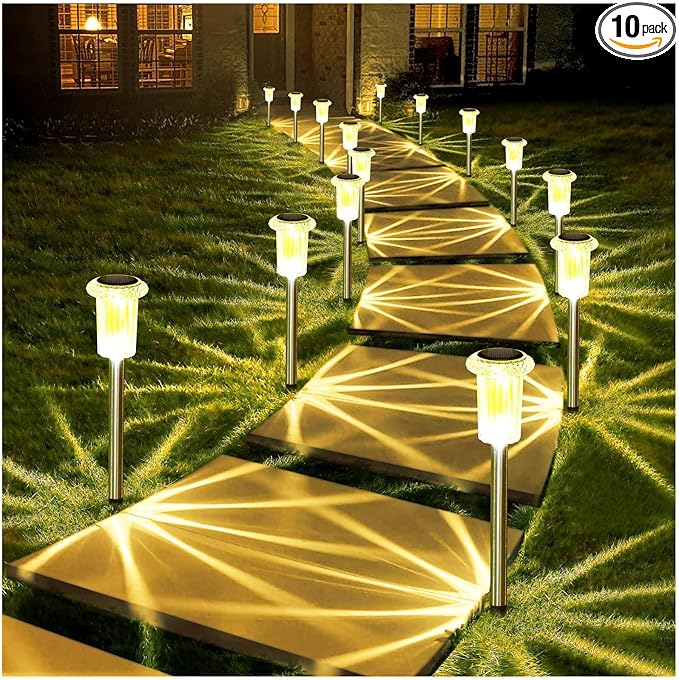 DenicMic Solar Lights Outdoor 10 Pack Waterproof 3000K Warm White LED Acrylic lamp Head Stainless Steel Stake for Landscape Lighting Path Walkway Sidewalk Backyard Patio Christmas Decor