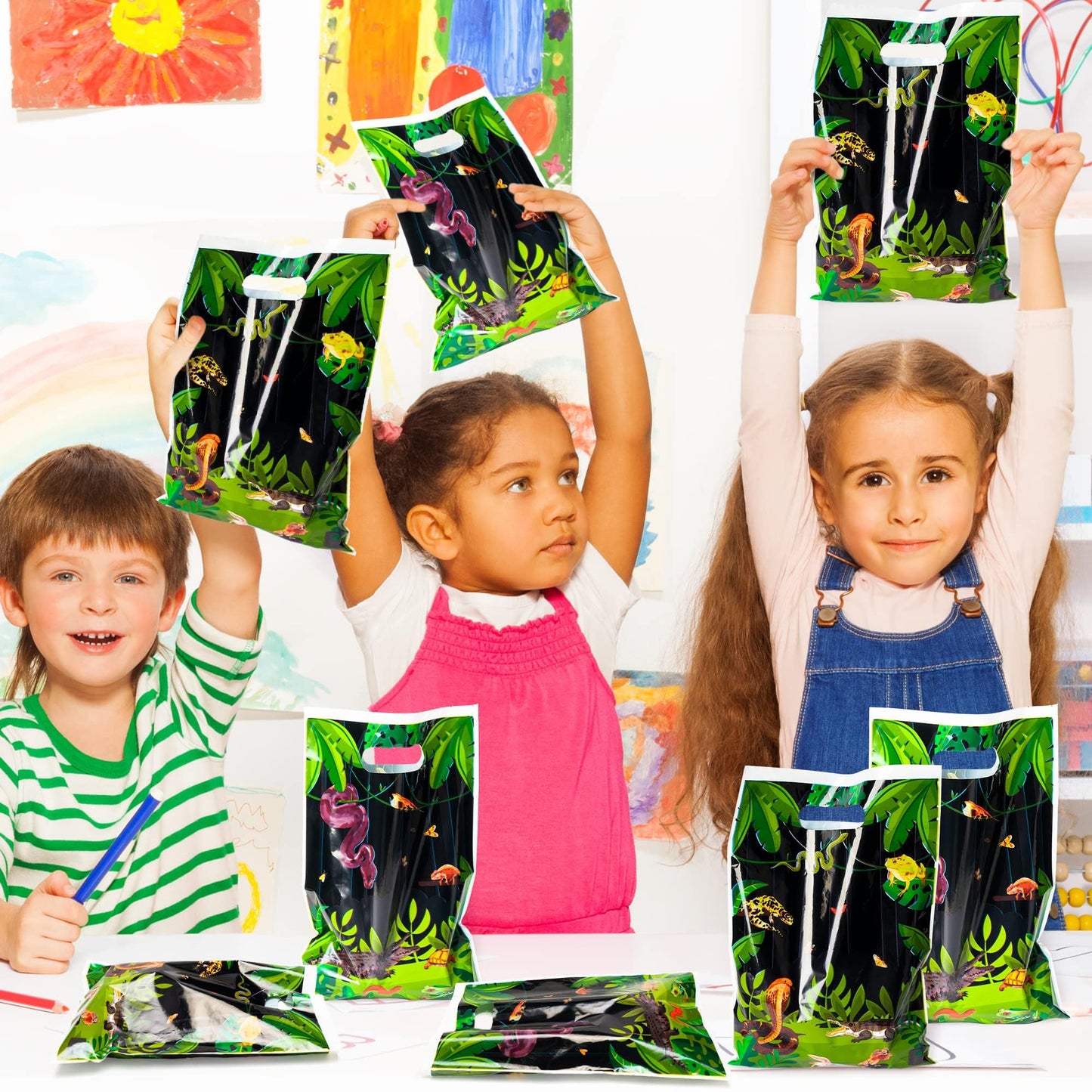 BkeeCten Goodie Party Favor Bags - 50 Pack Reptile Swamp Party Favor Bags Lizard Snake Goody Candy Treat Christmas Winter Xmas New Year Gifts Wrapping Plastic Wildlife Jungle Animal Gift Wrap Kids