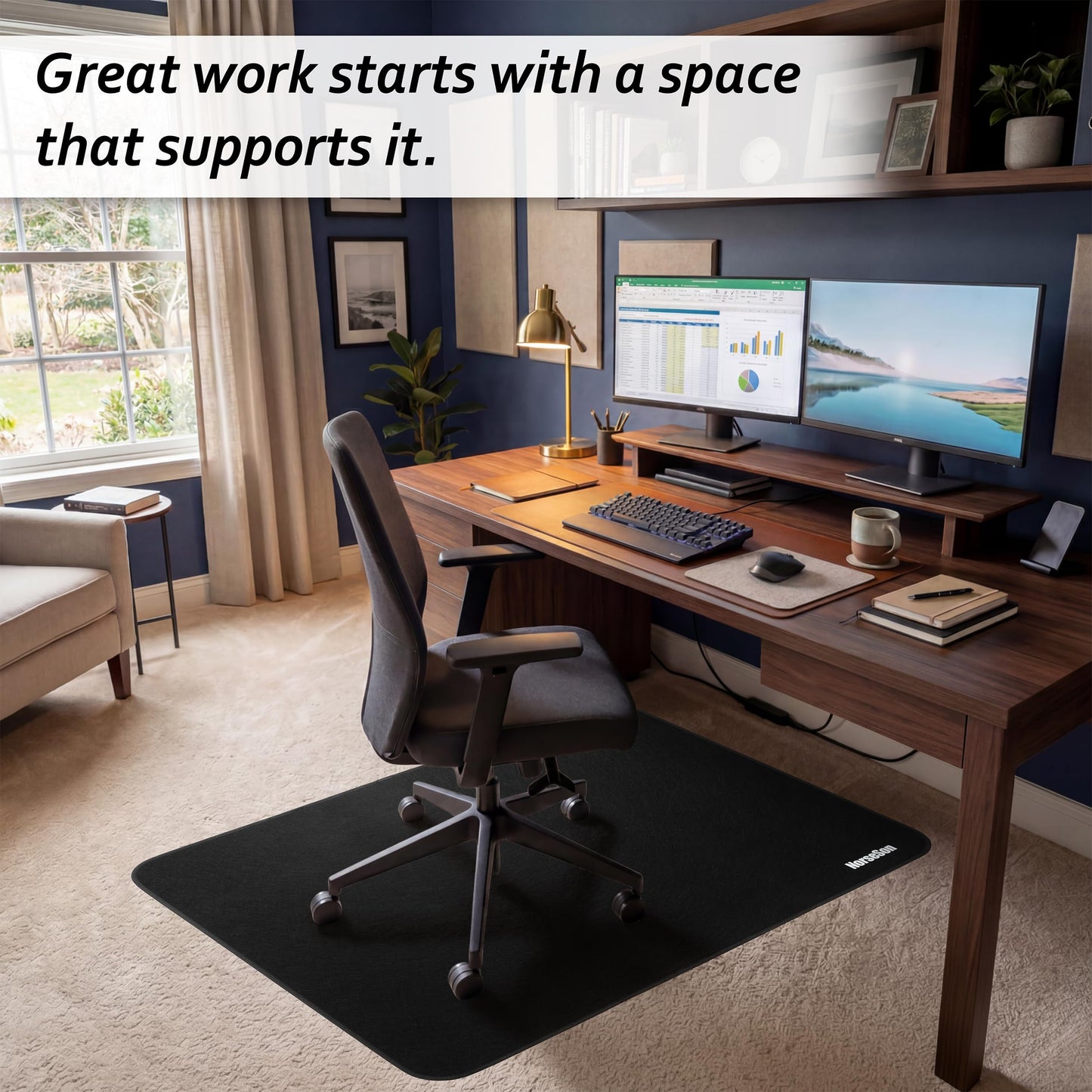 NorseSon Chair Mat for Carpet | Multi-Surface, Anti-Curl Floor Protector for Office Desk Chair or Rolling Gaming Chair Mat | 48" x 36" Black — 3X Thicker Than Standard Floor Mats at 0.25"