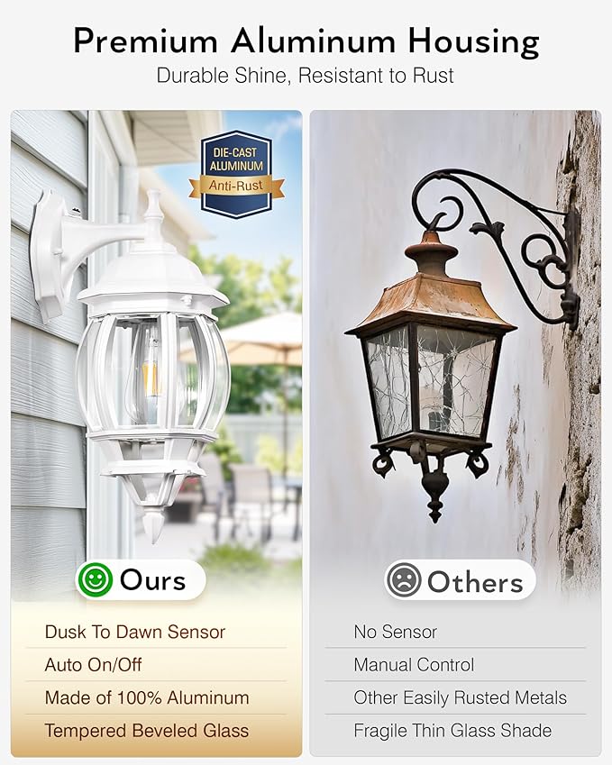 VIANIS Outdoor Light Fixtures Wall Mount for House, White Exterior Wall Sconce Lanterns Lights for Porch, Modern Dusk to Dawn Outdoor Garage Lighting for Front Door with Tempered Glass, Anti-Rust